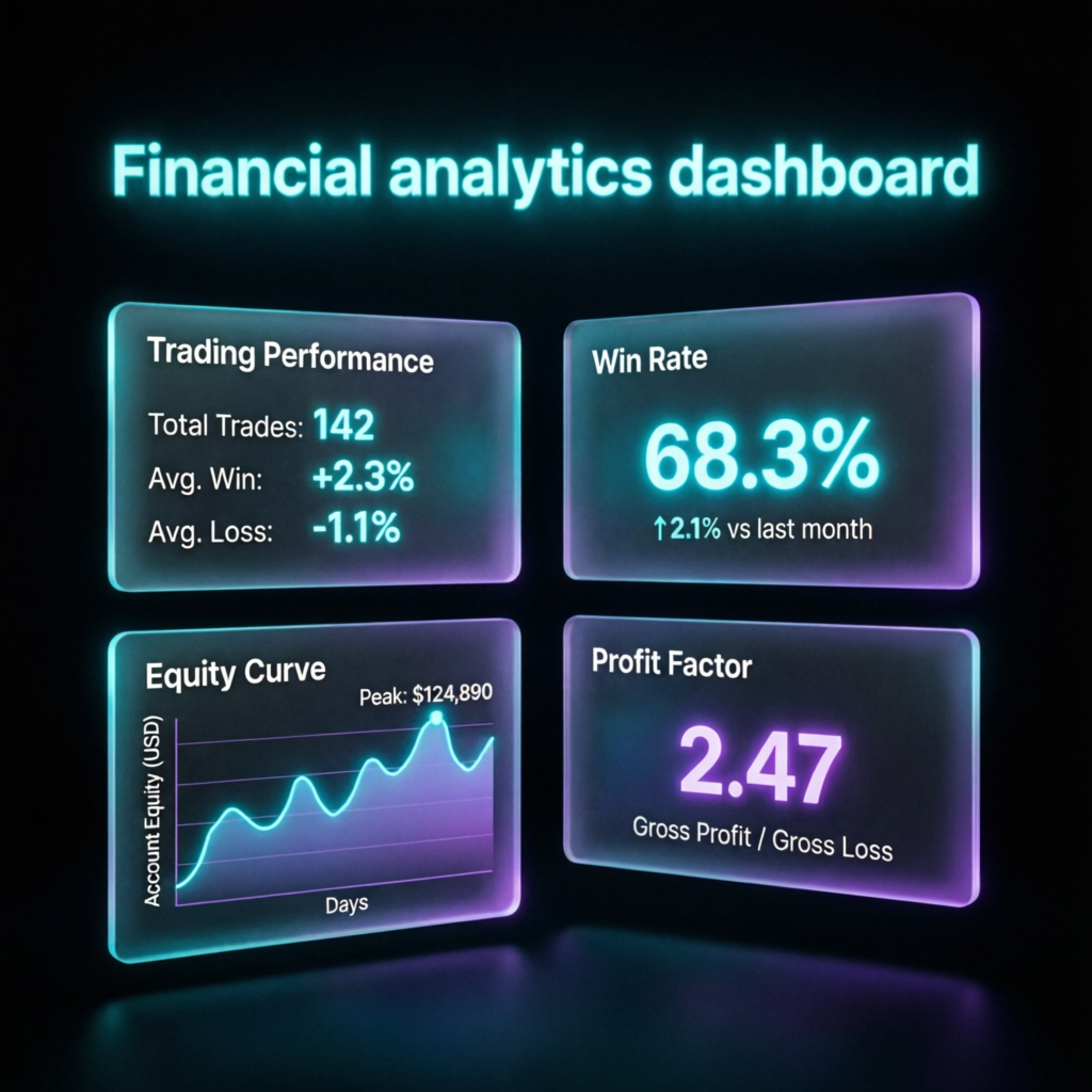 Financial analytics dashboard showing trading performance metrics