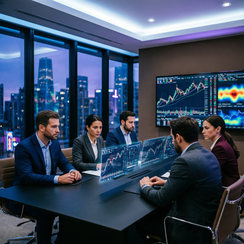 Professional trading team meeting analyzing charts in modern office