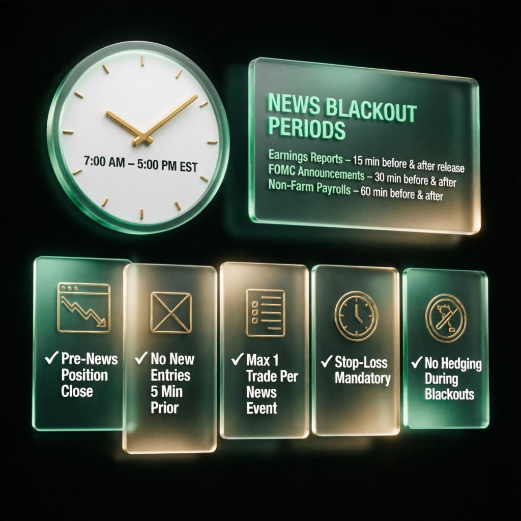 Topstep news blackout periods infographic with trading rules and time restrictions