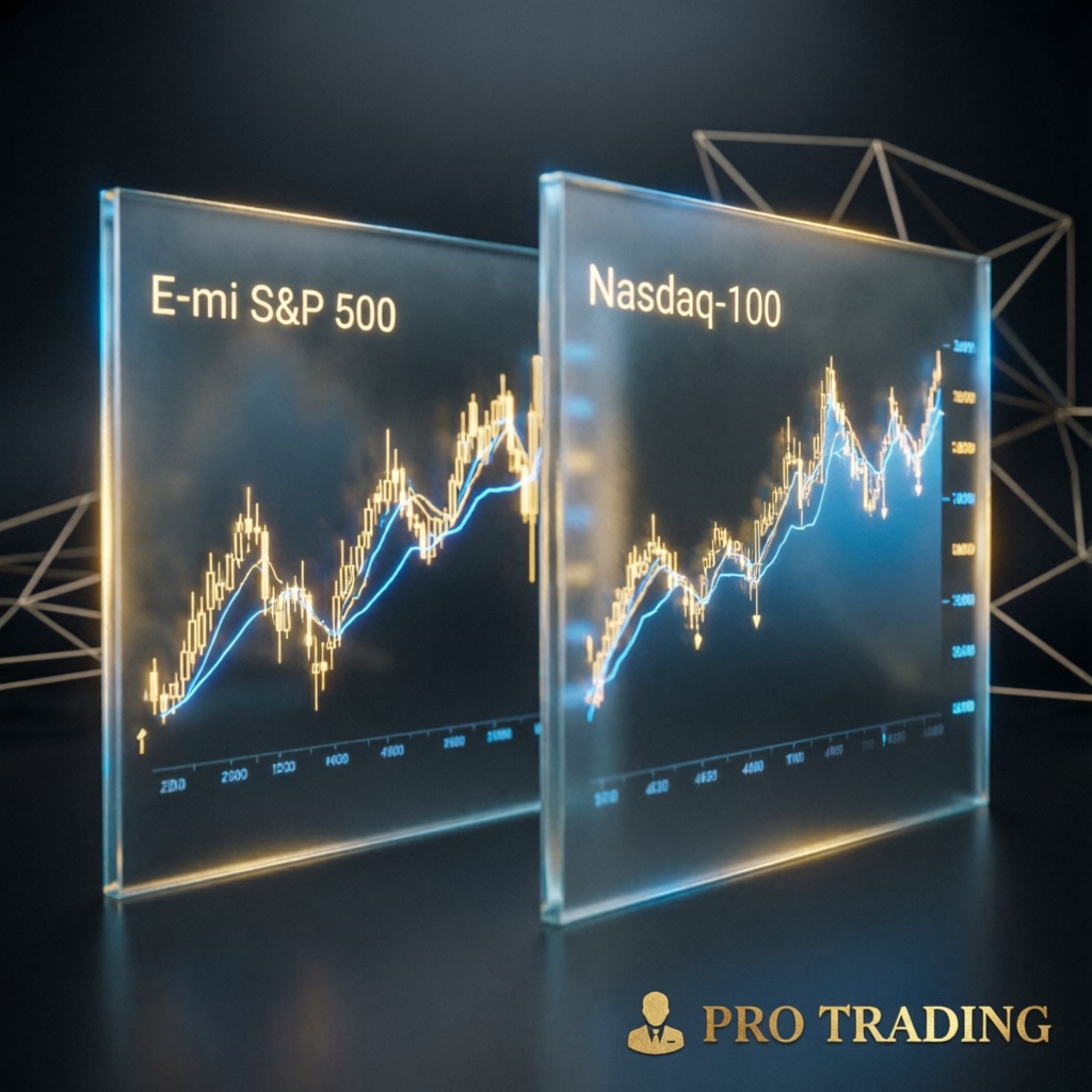 E-mini S&P 500 and Nasdaq-100 futures charts on glass panels