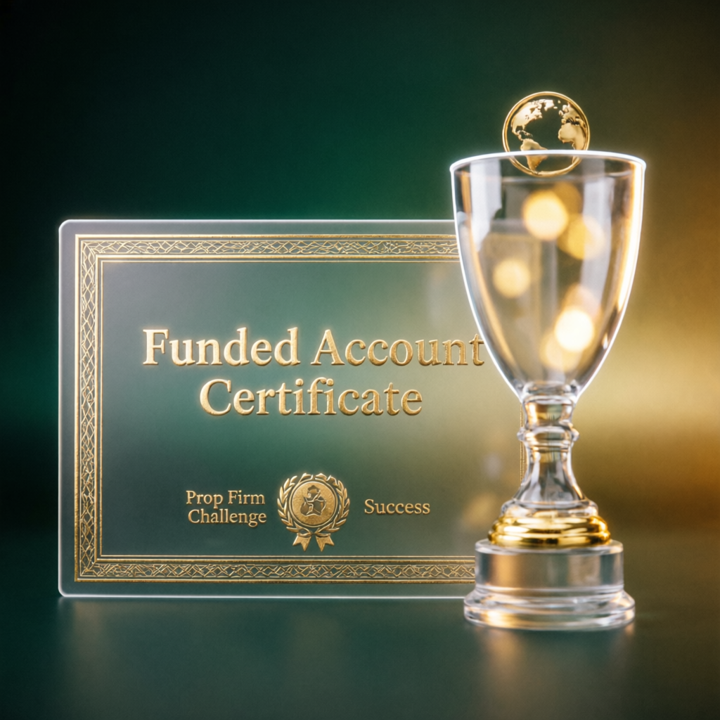 Funded account certificate and trophy representing prop firm challenge success