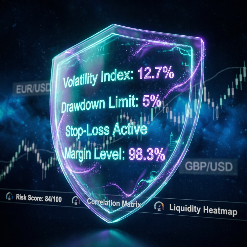 Risk management shield protecting trading accounts