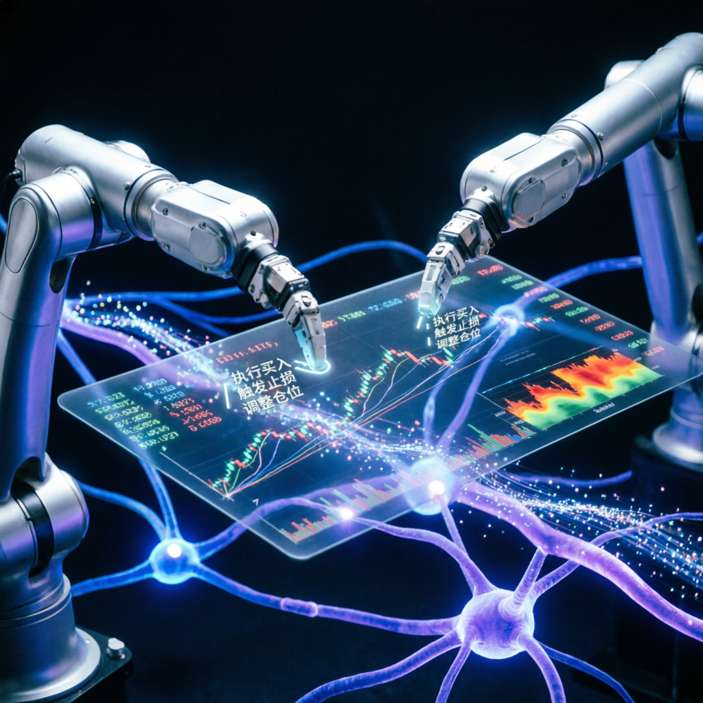 AI automation trading system with robotic arms executing trades