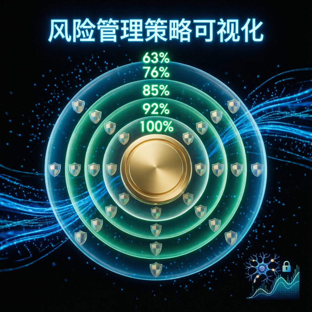 Risk management strategy visualization with protective layers for trading capital