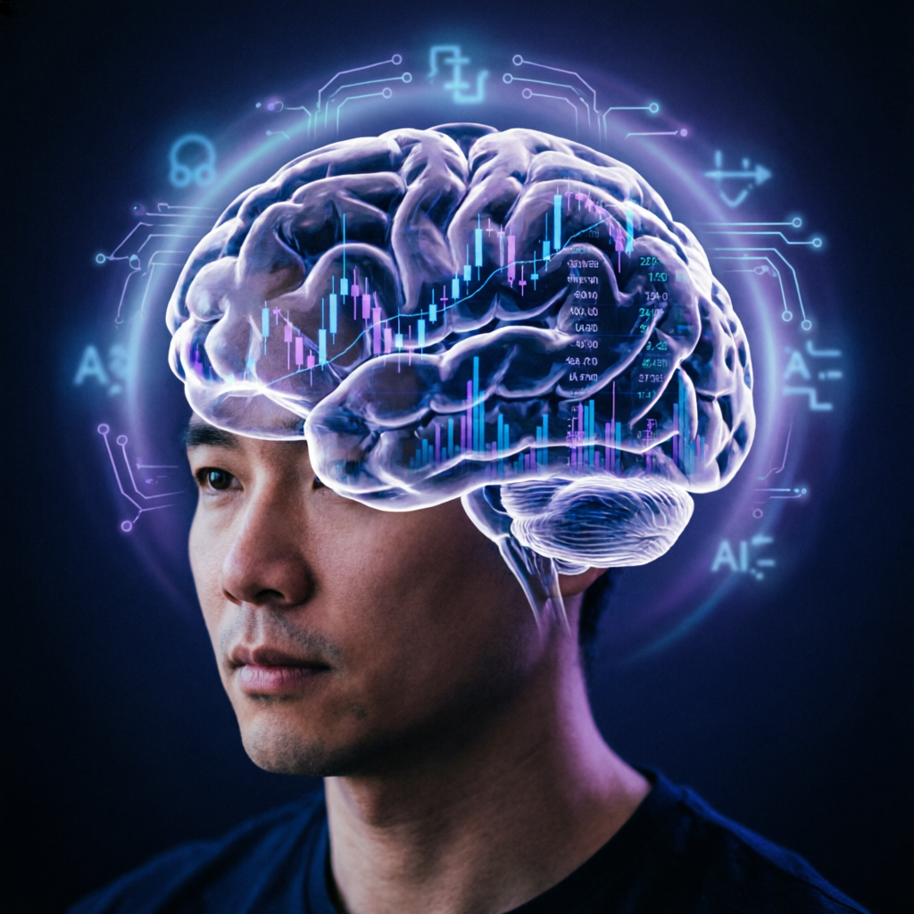 Trading psychology and mindset visualization with brain and charts