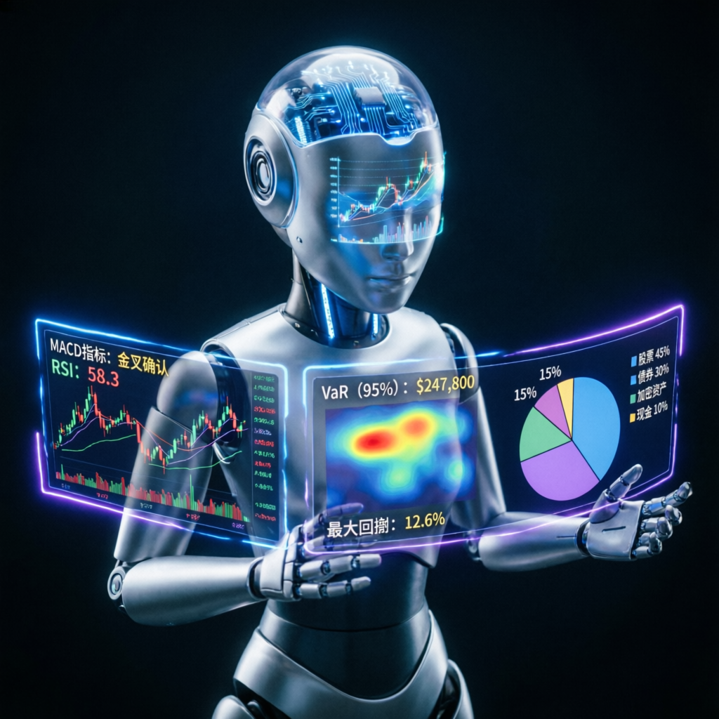 AI robot analyzing trading risk management and maximum loss calculations