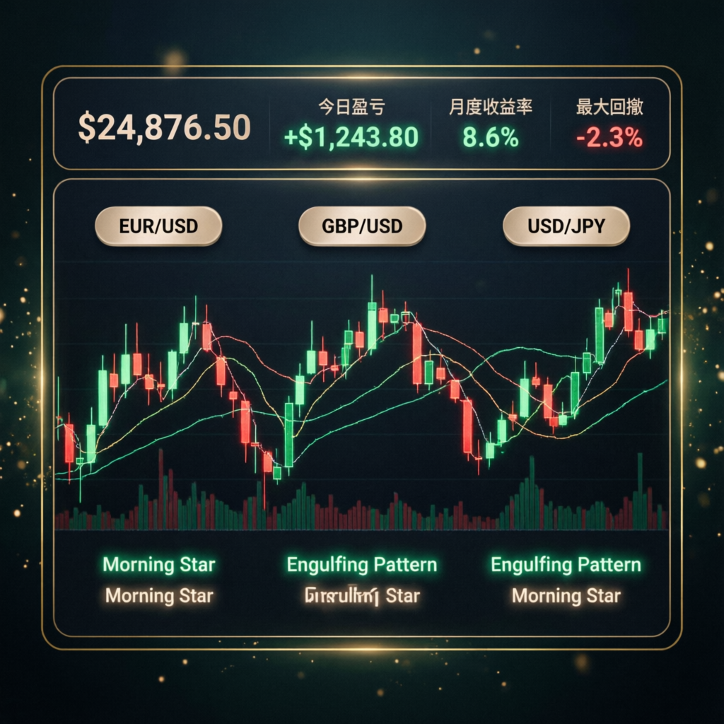 Professional forex trading dashboard showing live charts and profit metrics for prop firm passing service