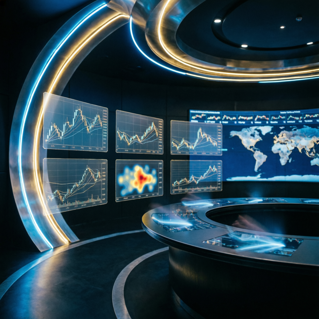 Futuristic trading command center with holographic forex charts and performance metrics