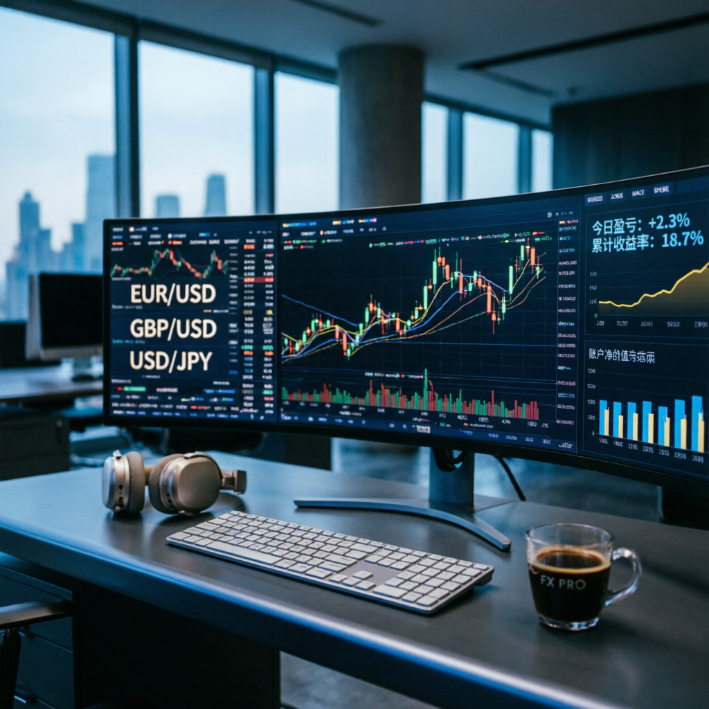 Professional forex trading analysis workspace with multiple screens showing currency pairs and technical indicators