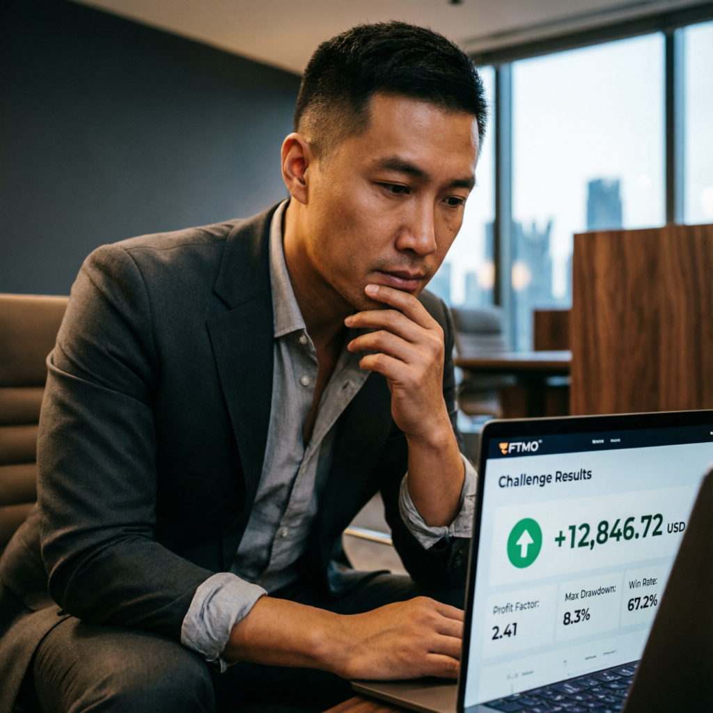 Trader reviewing prop firm challenge results showing +12,846 USD profit on laptop