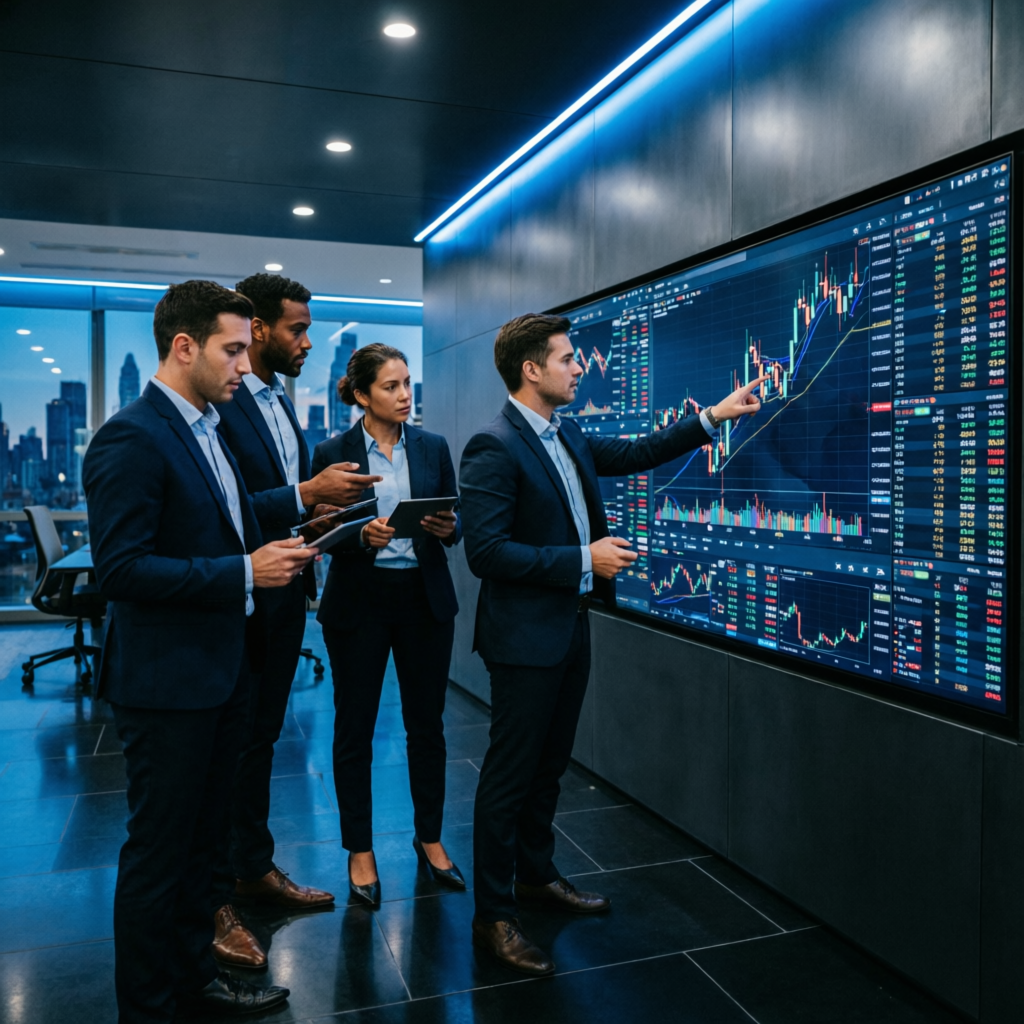 Professional team analyzing trading charts on large wall display