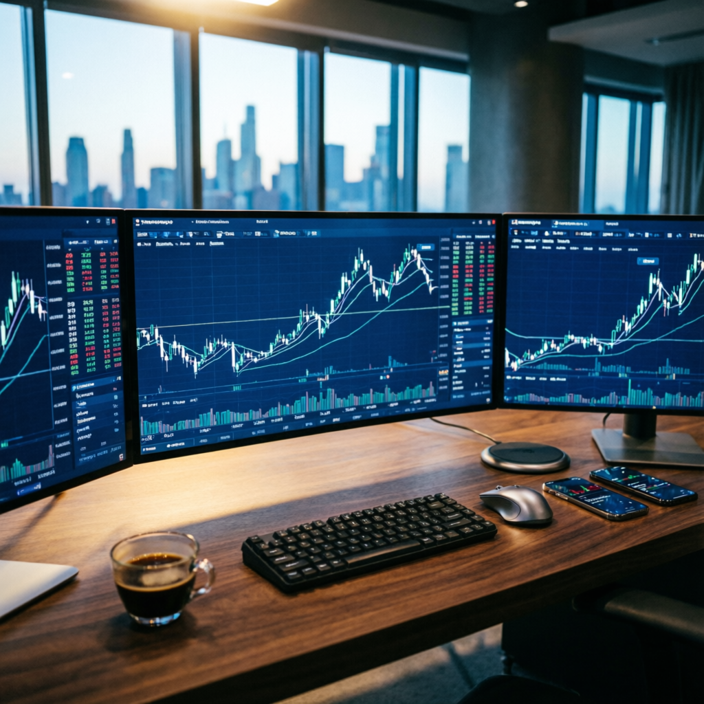 Professional trading desk setup with multiple monitors showing forex charts