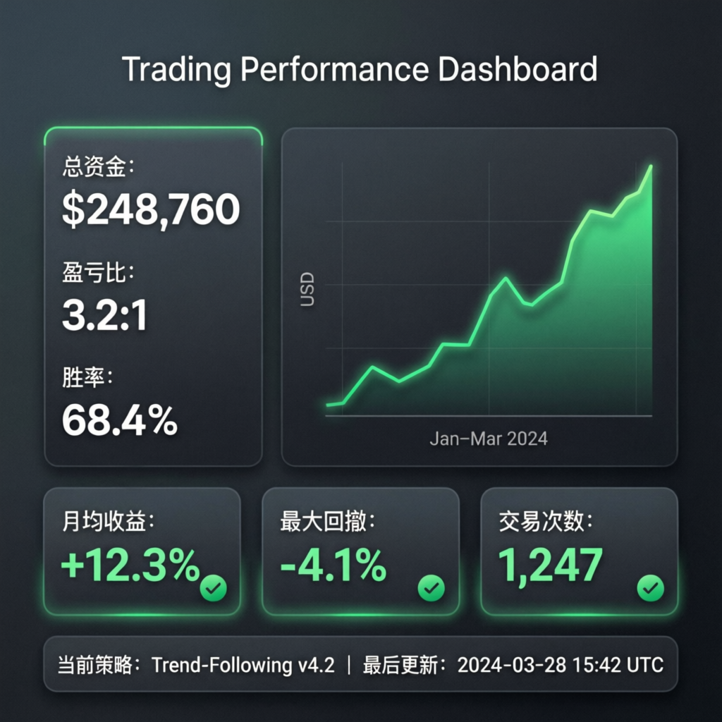 Trading results dashboard showing consistent profit growth