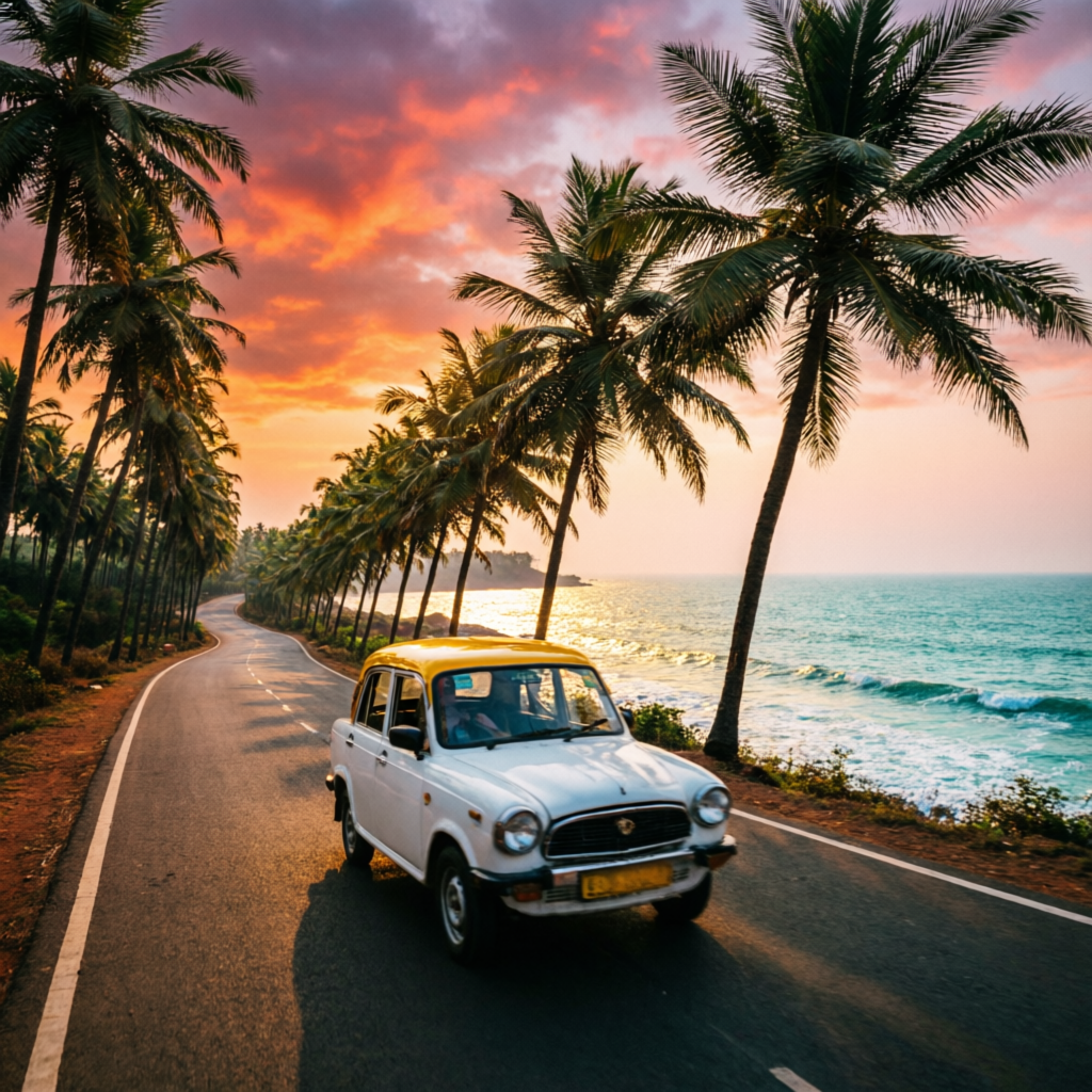Goa coastal road with taxi at sunset