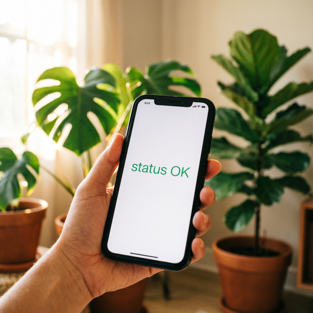 День: смартфон с уведомлением «status OK»