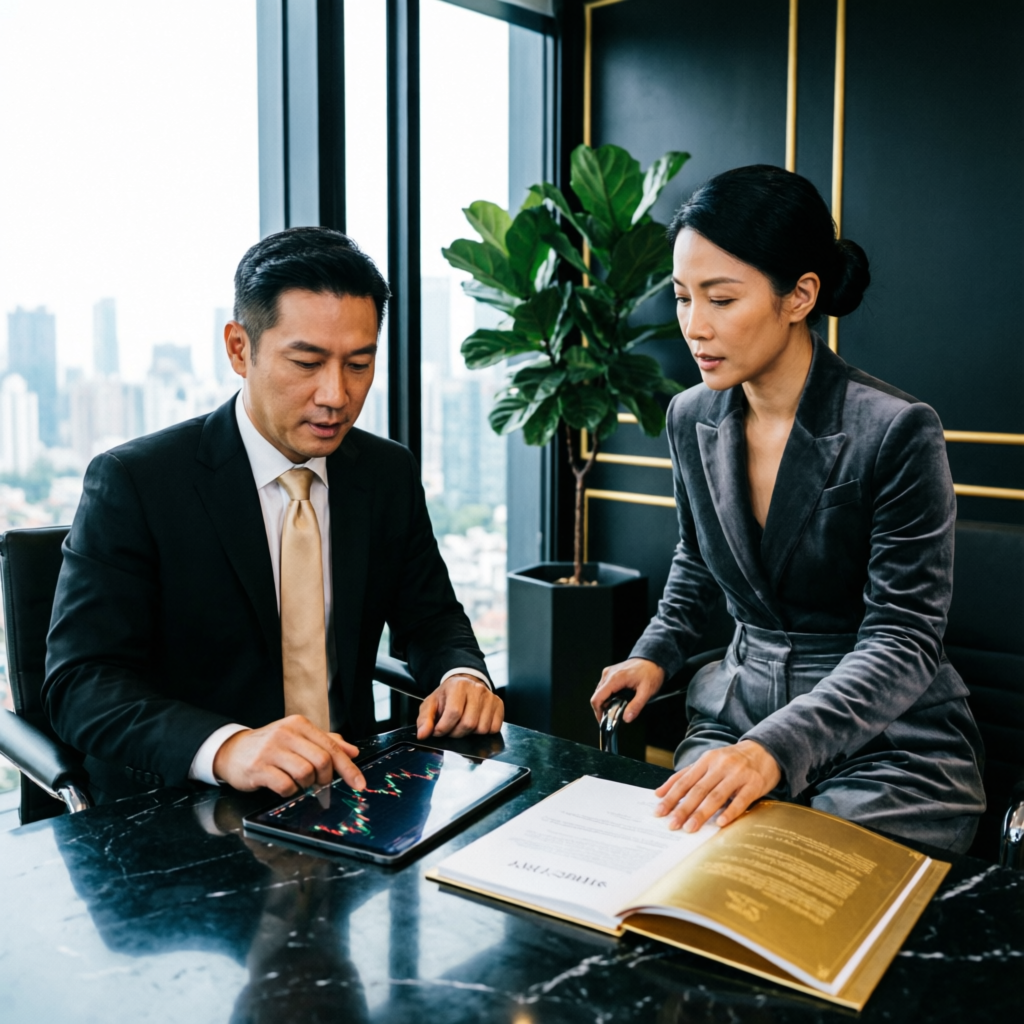 Premium financial consulting meeting with trading strategy discussion