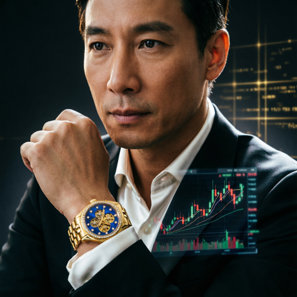 Elite trader with luxury watch monitoring trading charts