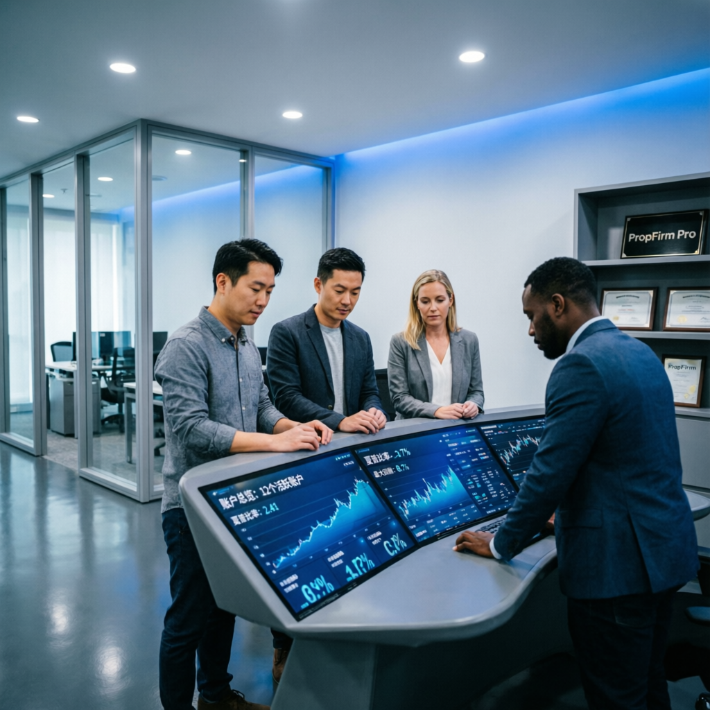 Professional prop firm account management - Team of expert traders managing multiple funded accounts with performance dashboards