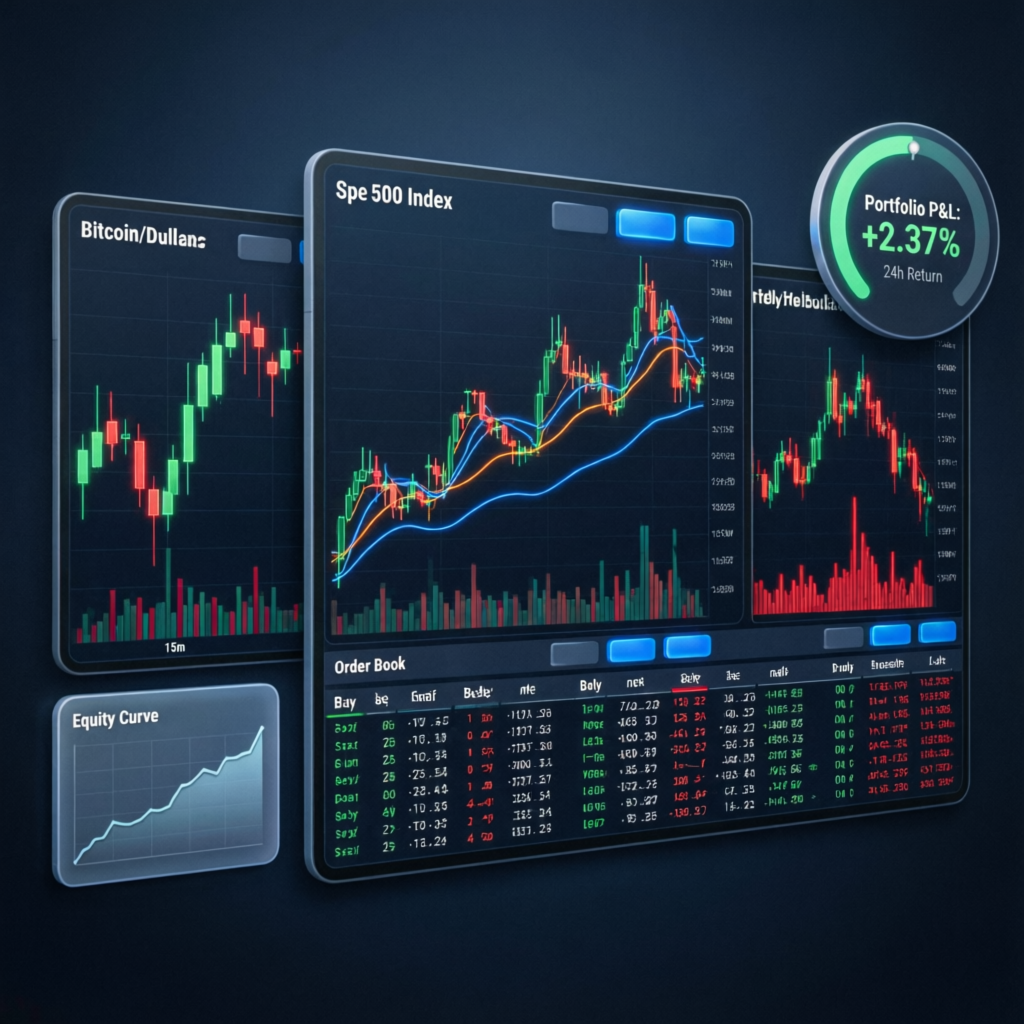 Prop trading platform dashboard showing candlestick charts and portfolio performance metrics
