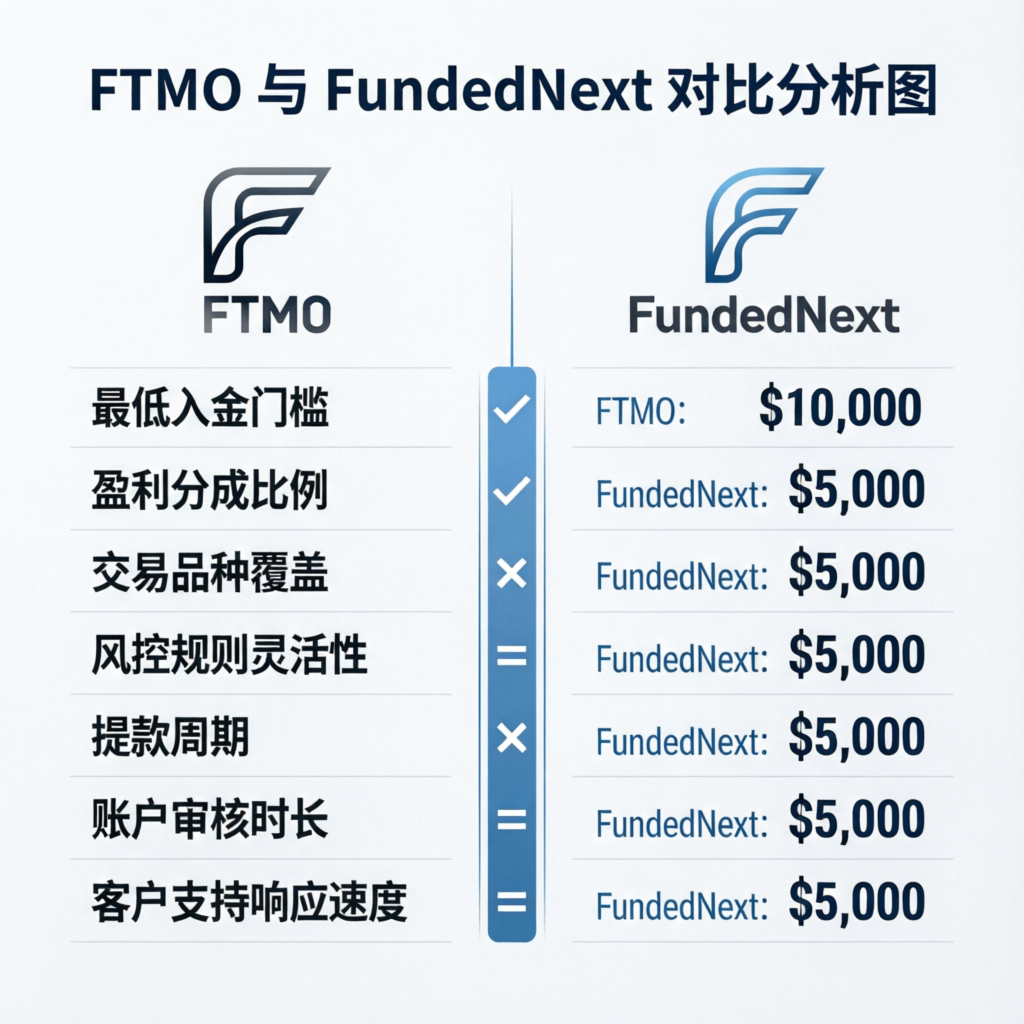 FTMO vs FundedNext comparison chart showing feature analysis between two prop trading firms
