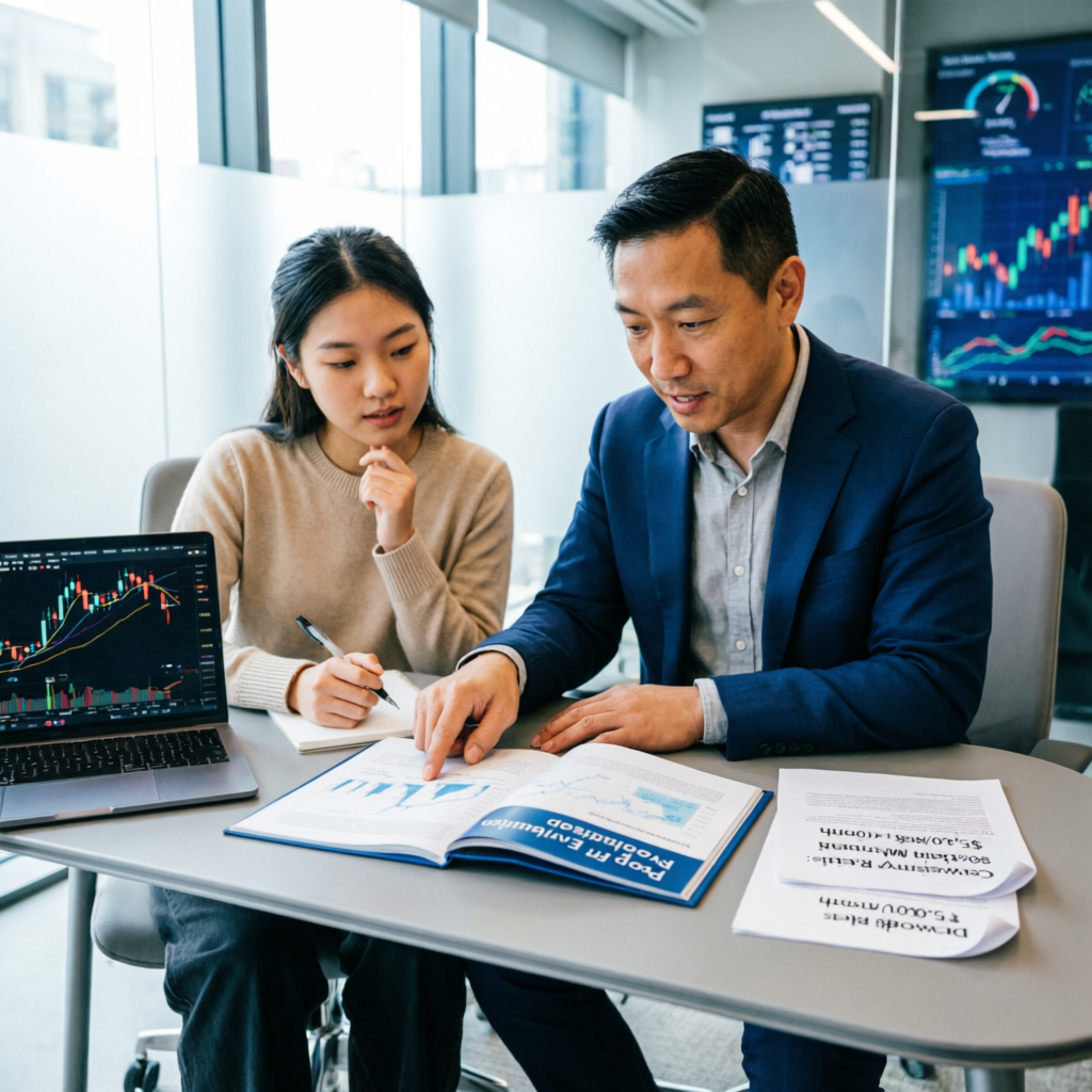 Prop firm challenge passing guide - Professional mentor teaching student trader about evaluation strategies