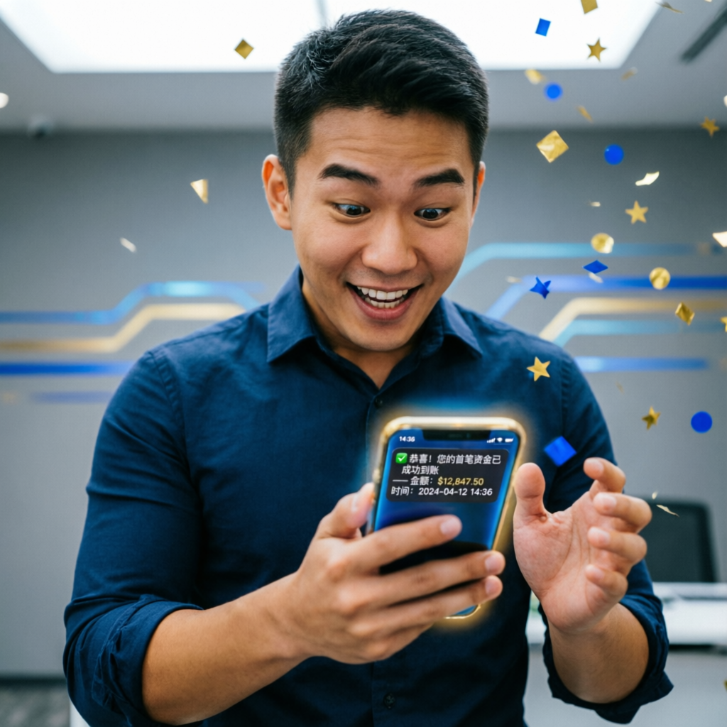 Funded account payout success - Trader celebrating receiving first payout notification with confetti