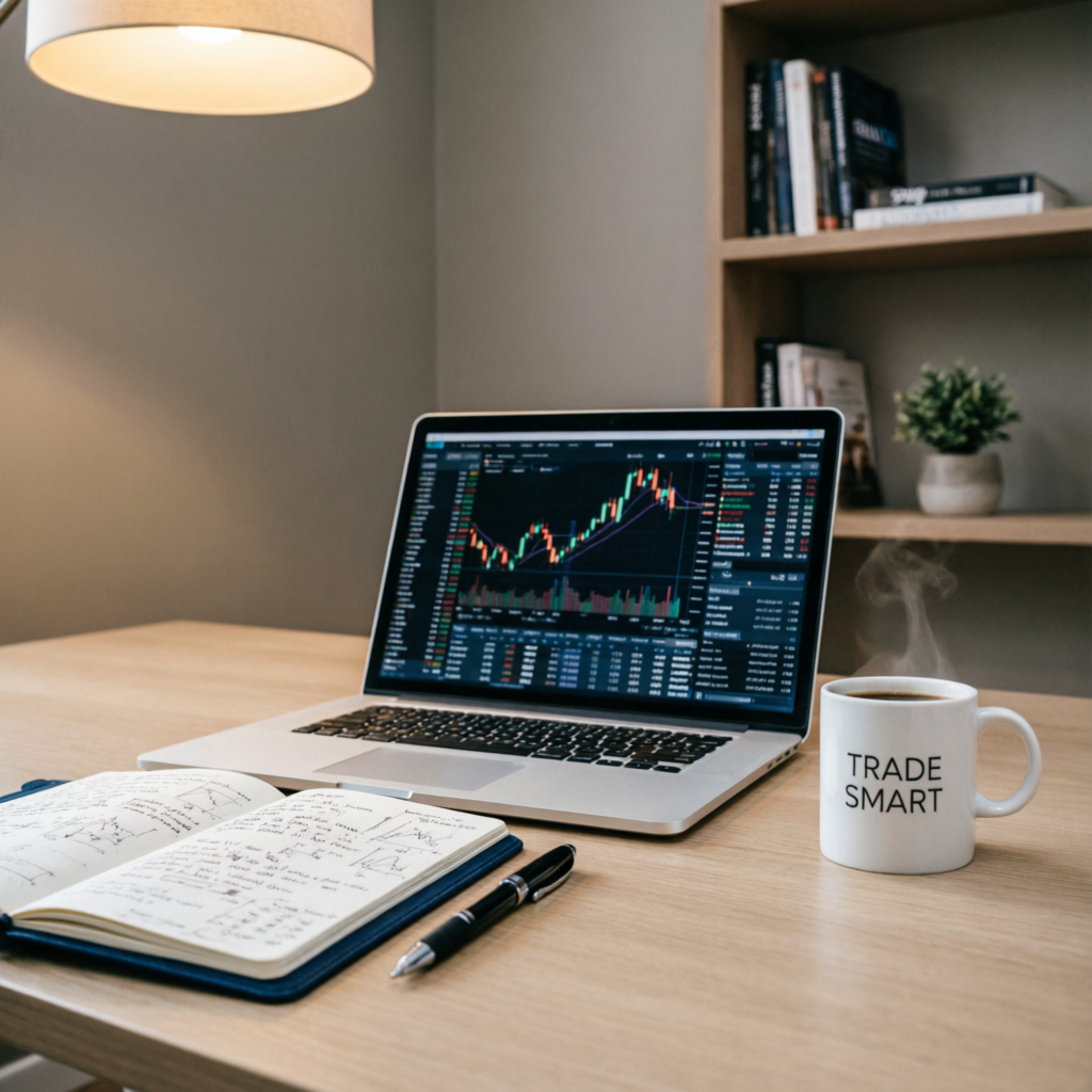 Professional trader workspace with trading platform showing charts, trading notebook, and coffee