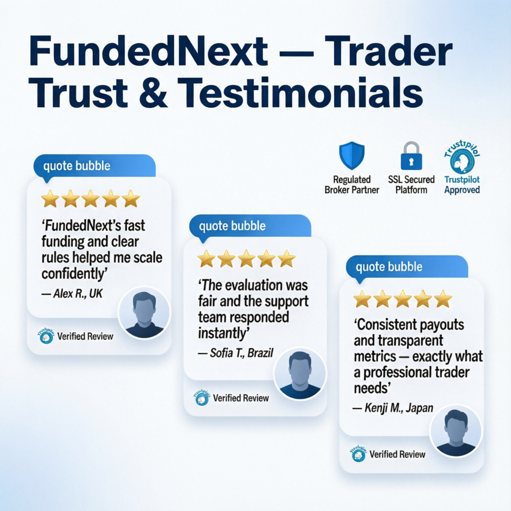 FundedNext Trustpilot Reviews - Verified trader testimonials showing five star ratings and positive feedback