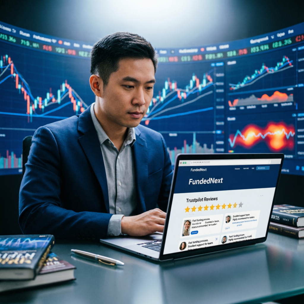 FundedNext Trustpilot Reviews - Professional trader reviewing FundedNext ratings and testimonials on laptop