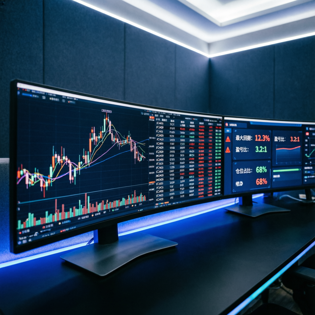 Futures trading prop firm - Multiple monitors showing futures market data, candlestick patterns and risk management tools