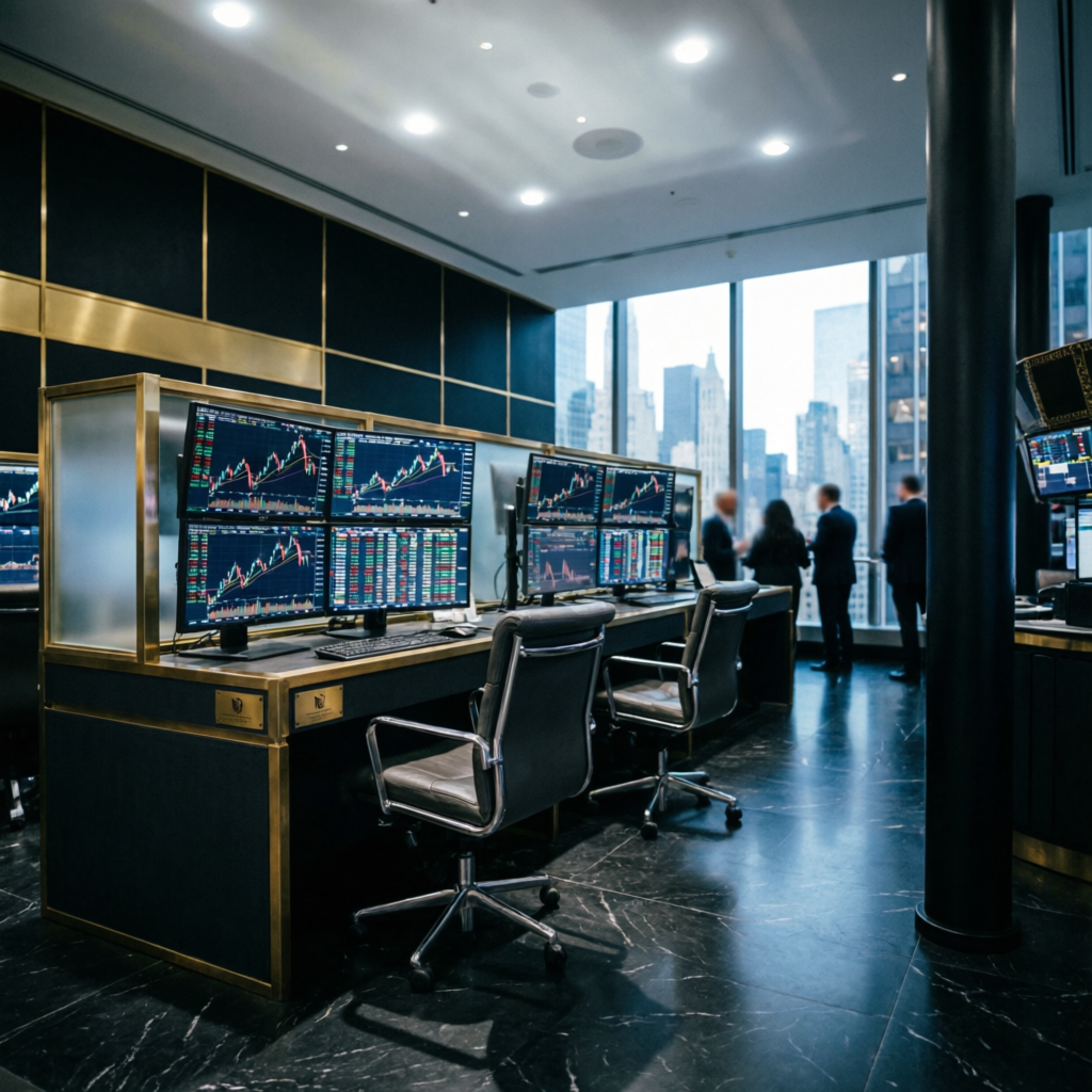 Professional Topstep trading floor in Chicago with multiple monitors