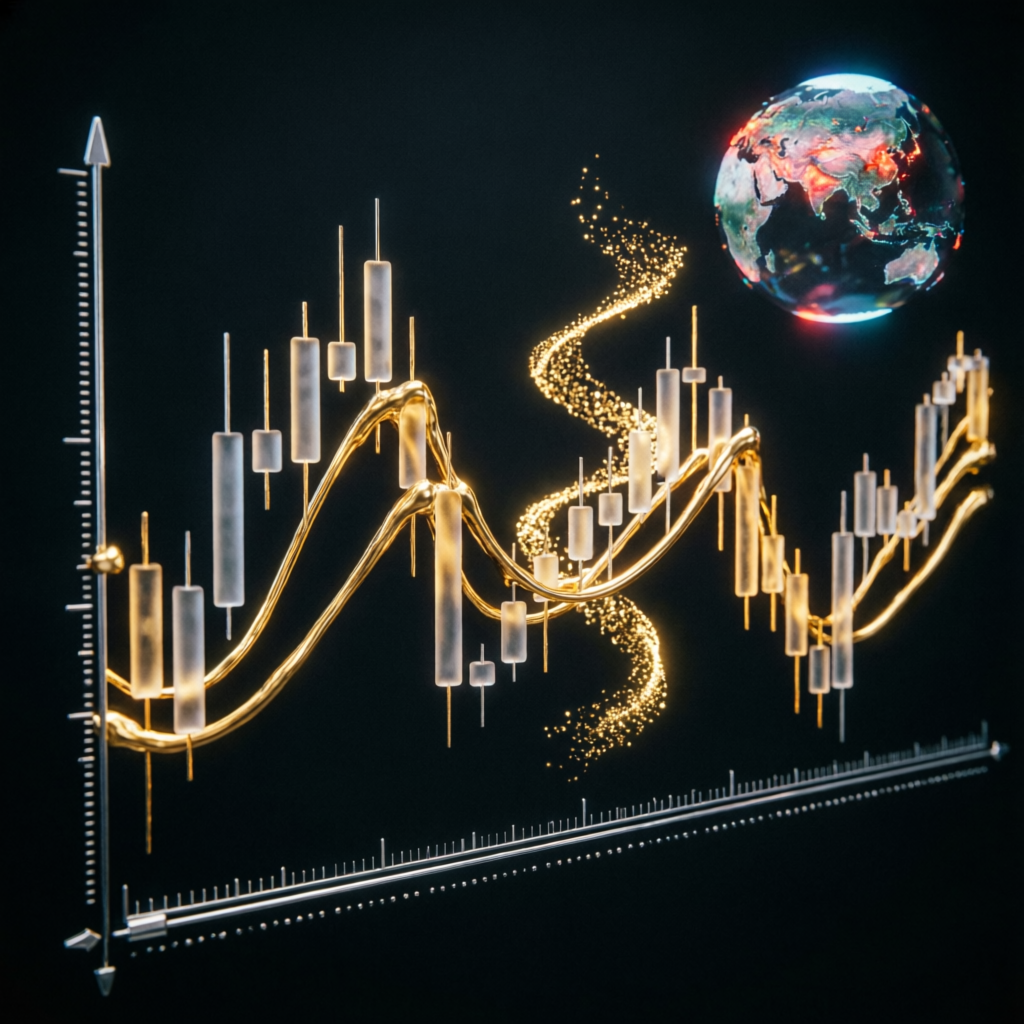 Futuristic forex trading visualization with candlestick charts
