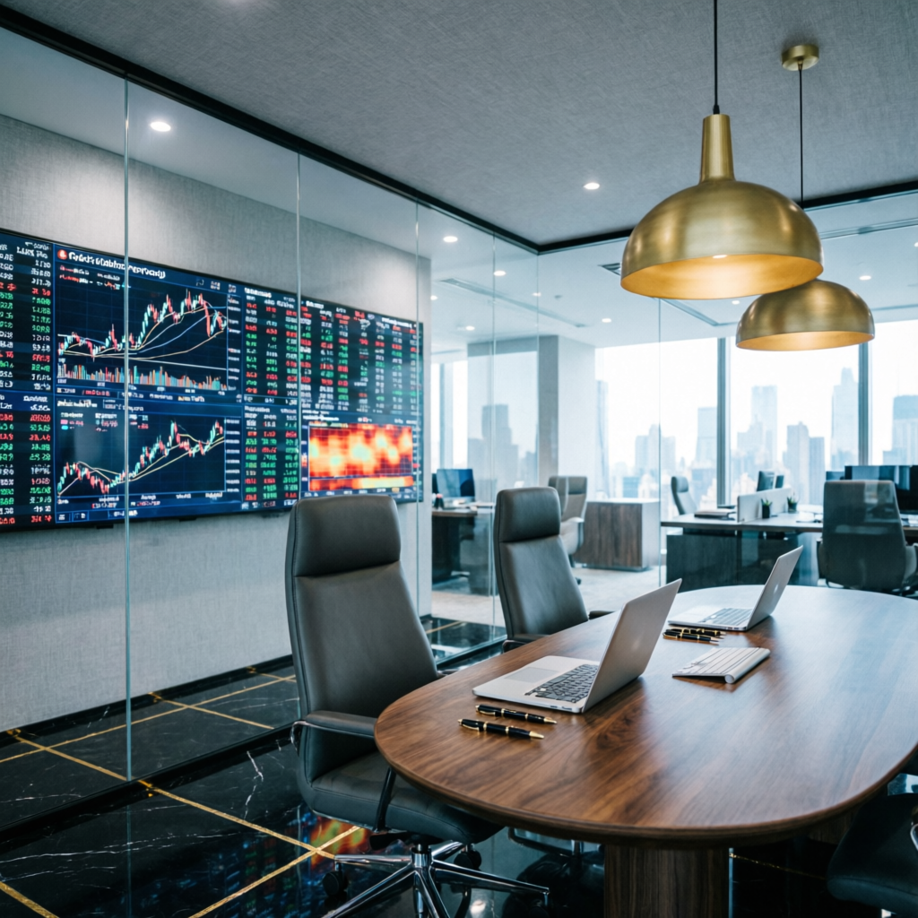 Premium prop firm trading office interior with financial data displays and Wall Street corporate aesthetic