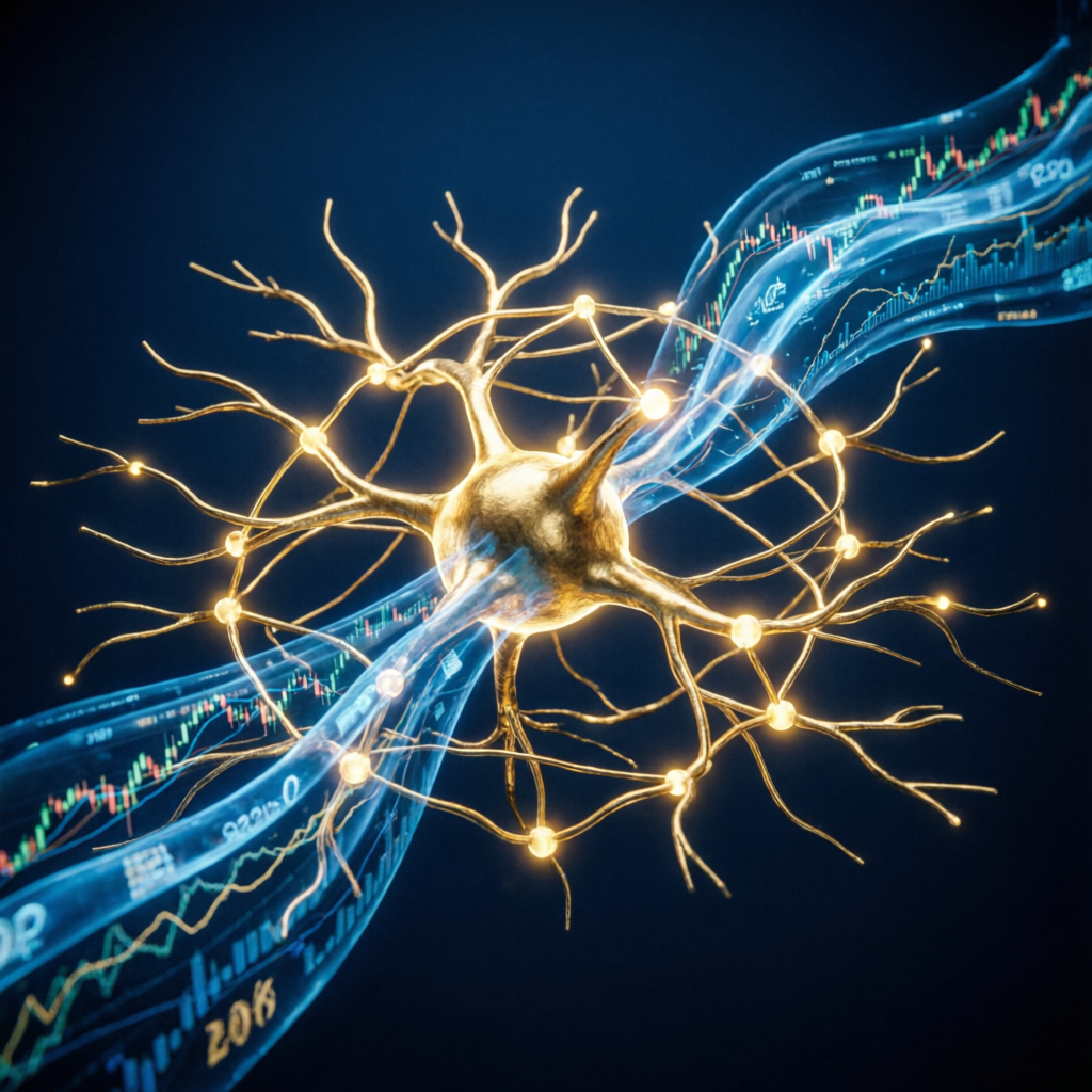Abstract financial technology concept with glowing neural network and trading data streams