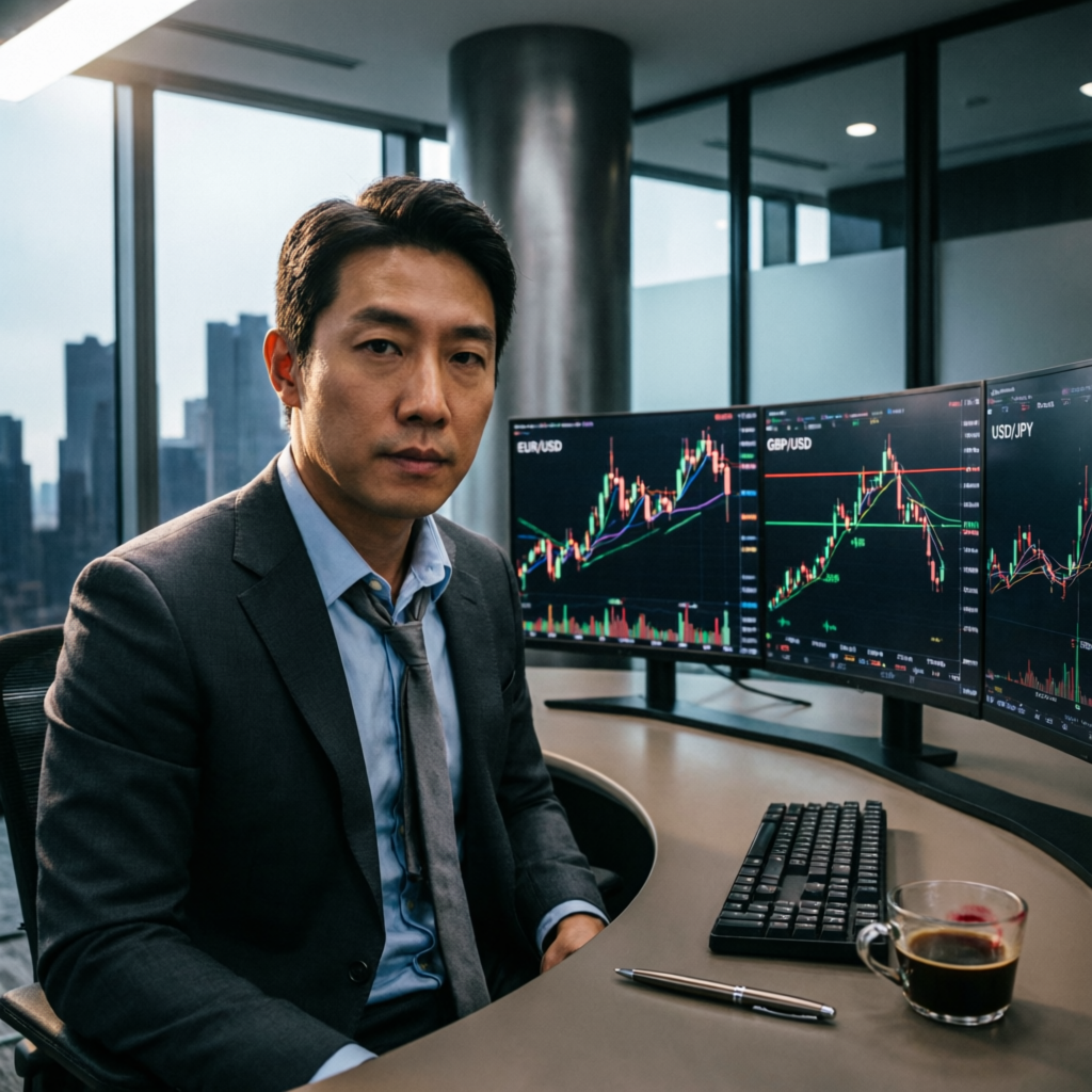 Professional forex trader analyzing multiple currency pair charts on modern trading setup