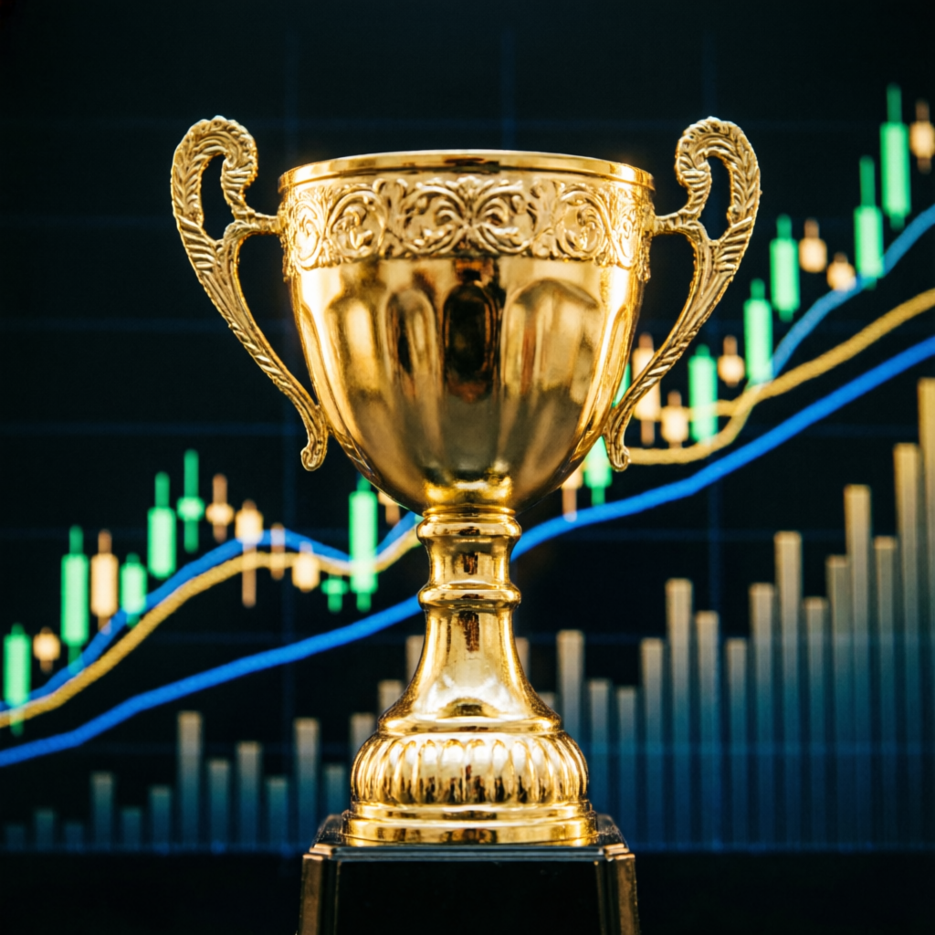 Golden trophy symbolizing funded account success with financial charts background