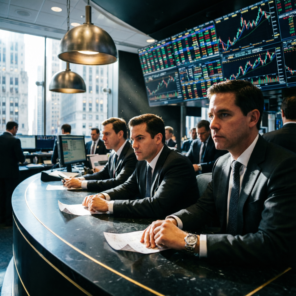 Wall Street trading floor with professional traders watching financial screens in premium corporate environment