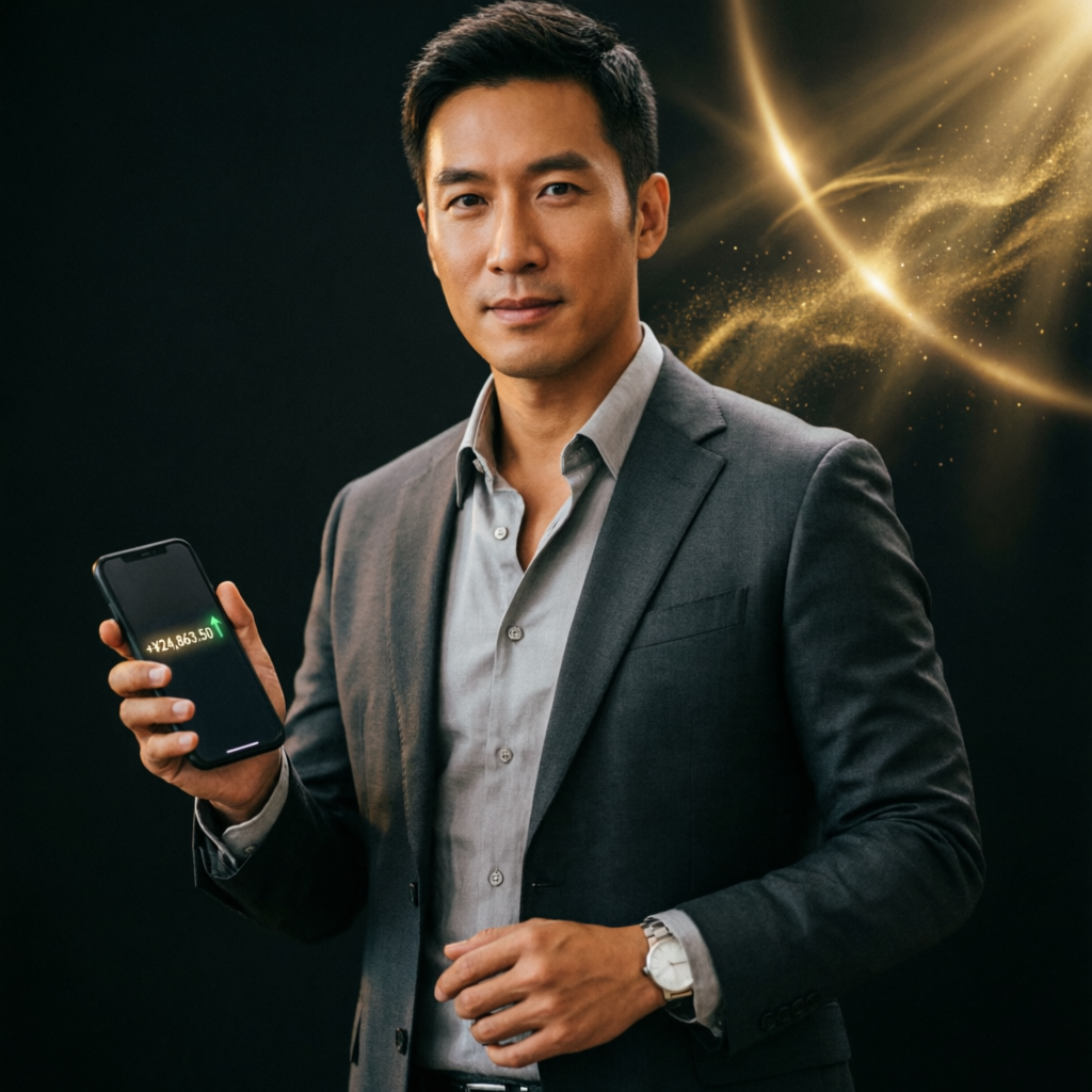 Professional trader holding smartphone showing trading profit notification with gold light effects