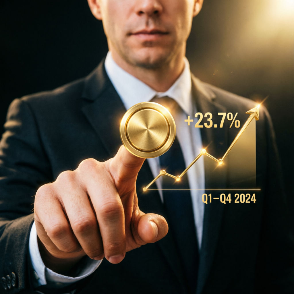 Businessman pressing golden growth button with +23.7% financial chart showing Q1-Q4 2024 performance