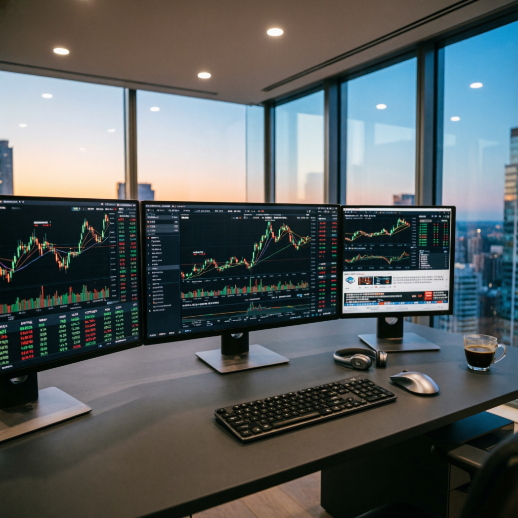Modern minimalist trading desk setup with multiple monitors showing forex and futures charts with city skyline view