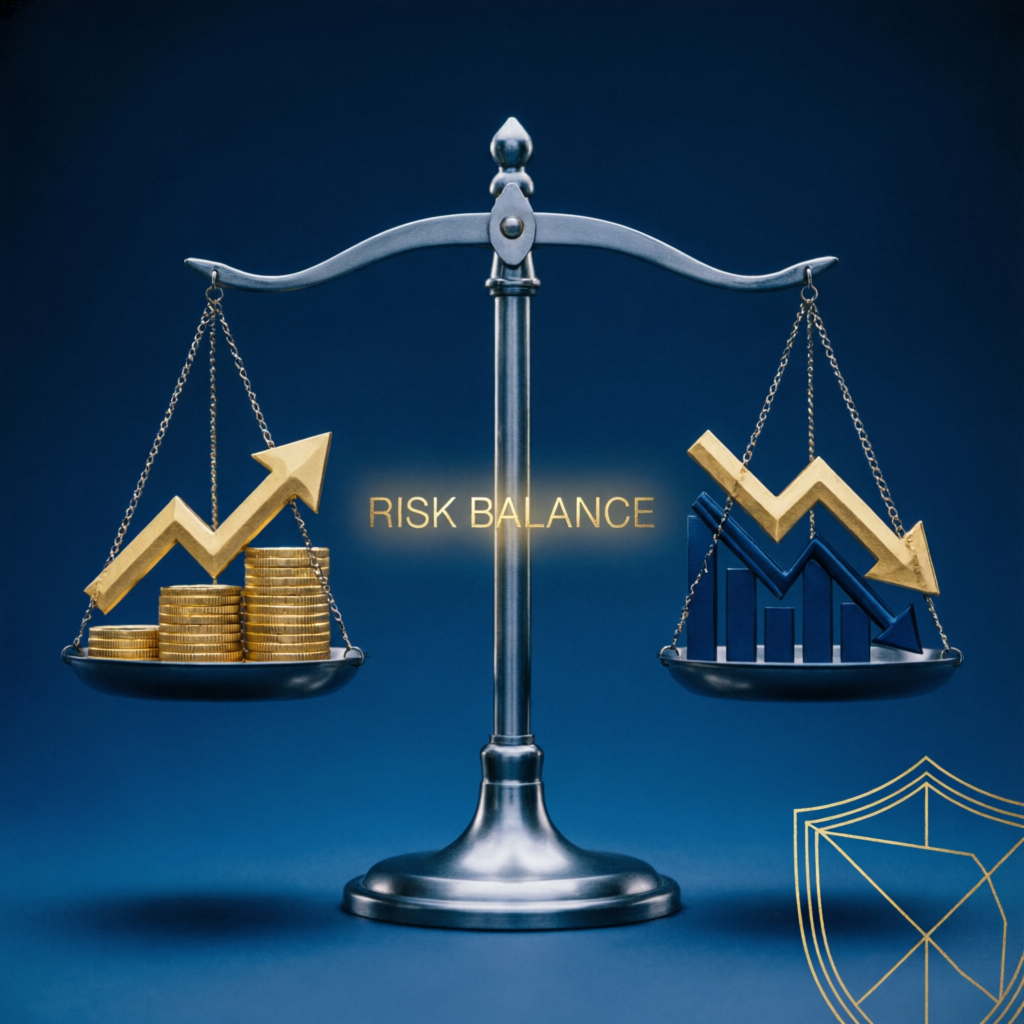 Risk balance scale visualization showing profit and loss equilibrium in trading