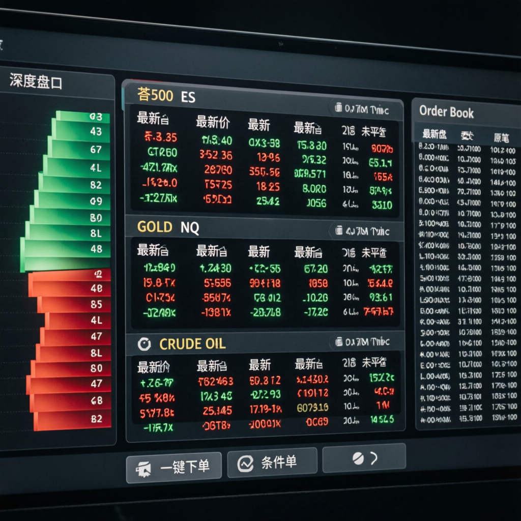 Futures trading terminal interface showing ES NQ gold crude oil markets with order book and depth of market