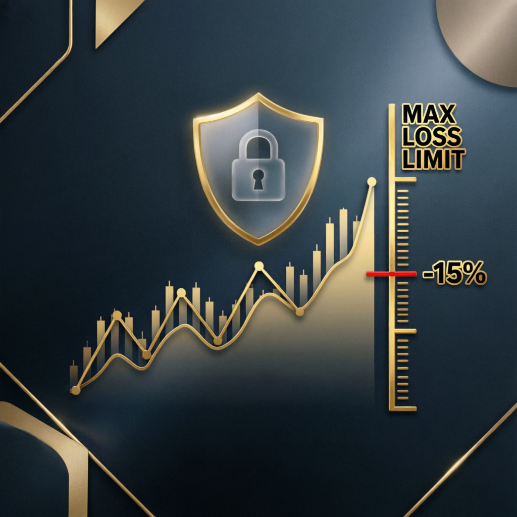 Topstep Maximum Loss Limit visualization with protective shield and financial chart showing -15% drawdown threshold