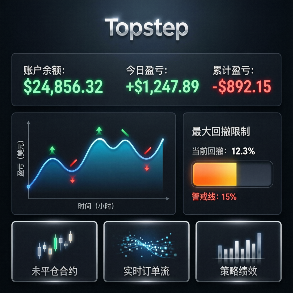 Topstep trading dashboard showing account balance, profit/loss metrics, and maximum drawdown limit indicator