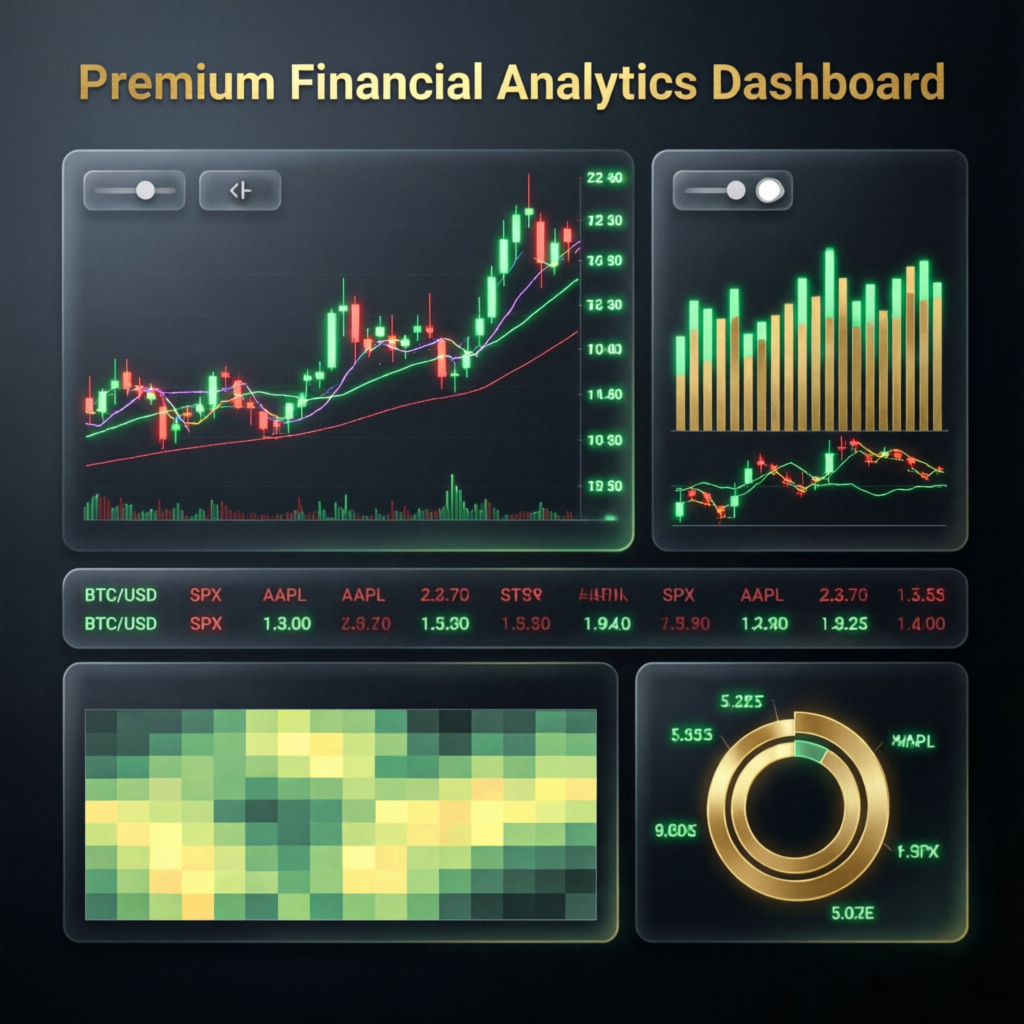 Premium financial analytics dashboard showing multiple chart types and trading indicators