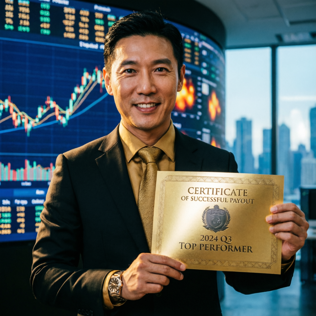 Professional trader holding successful payout certificate with financial charts background