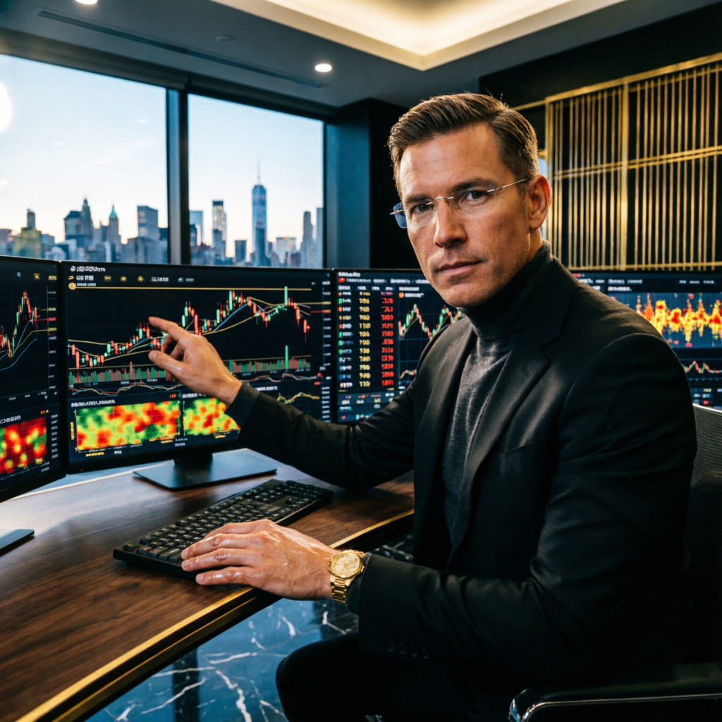 Professional Wall Street trader analyzing financial charts on multiple monitors in premium trading office