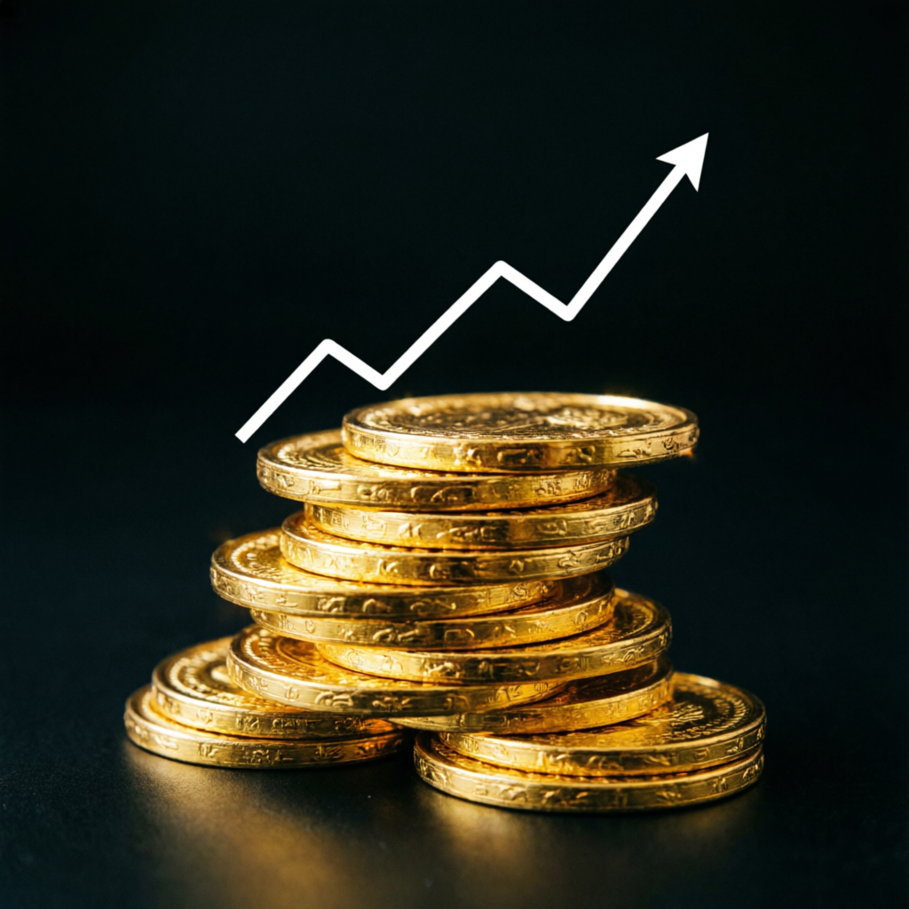 Growing stack of gold coins representing profits