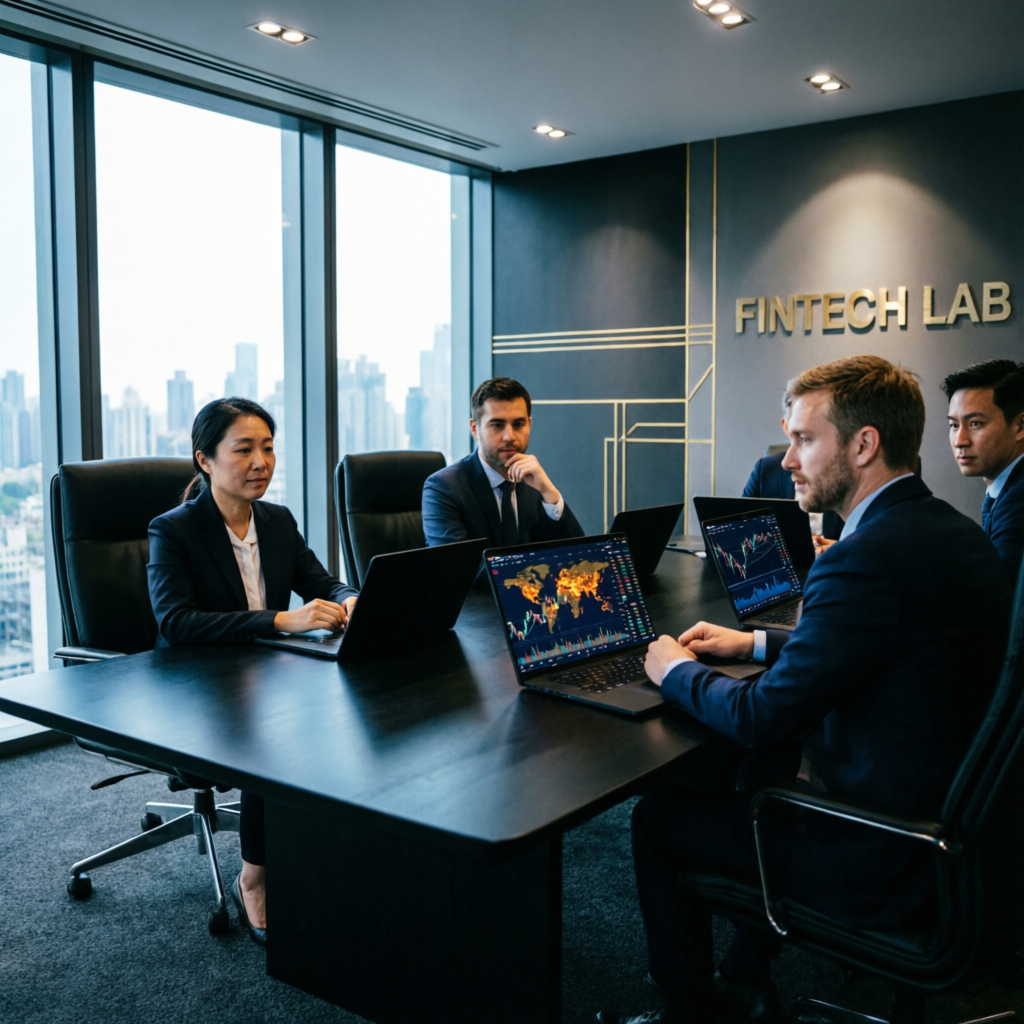 Professional trading team meeting in luxury fintech office