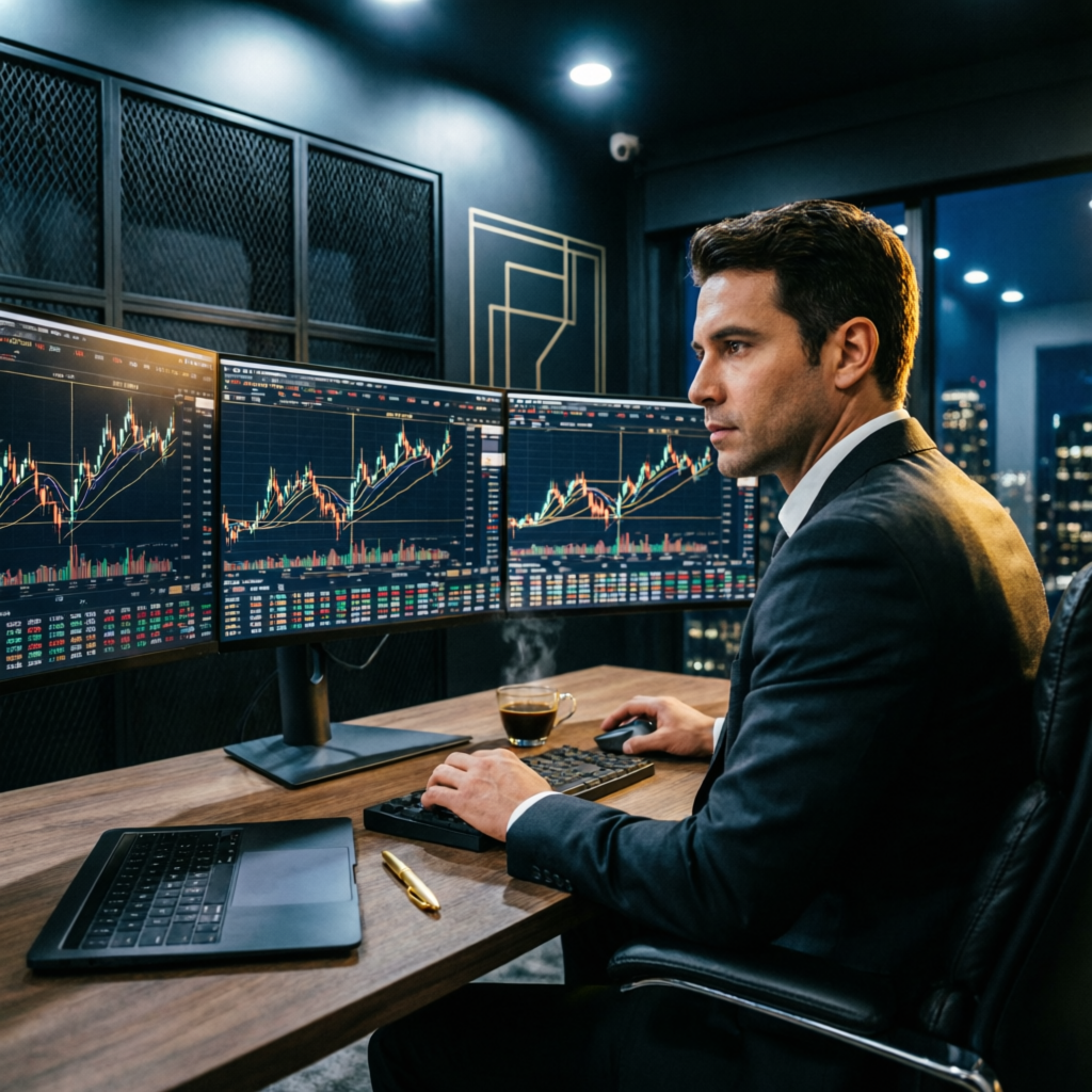 Professional forex trader managing prop firm accounts